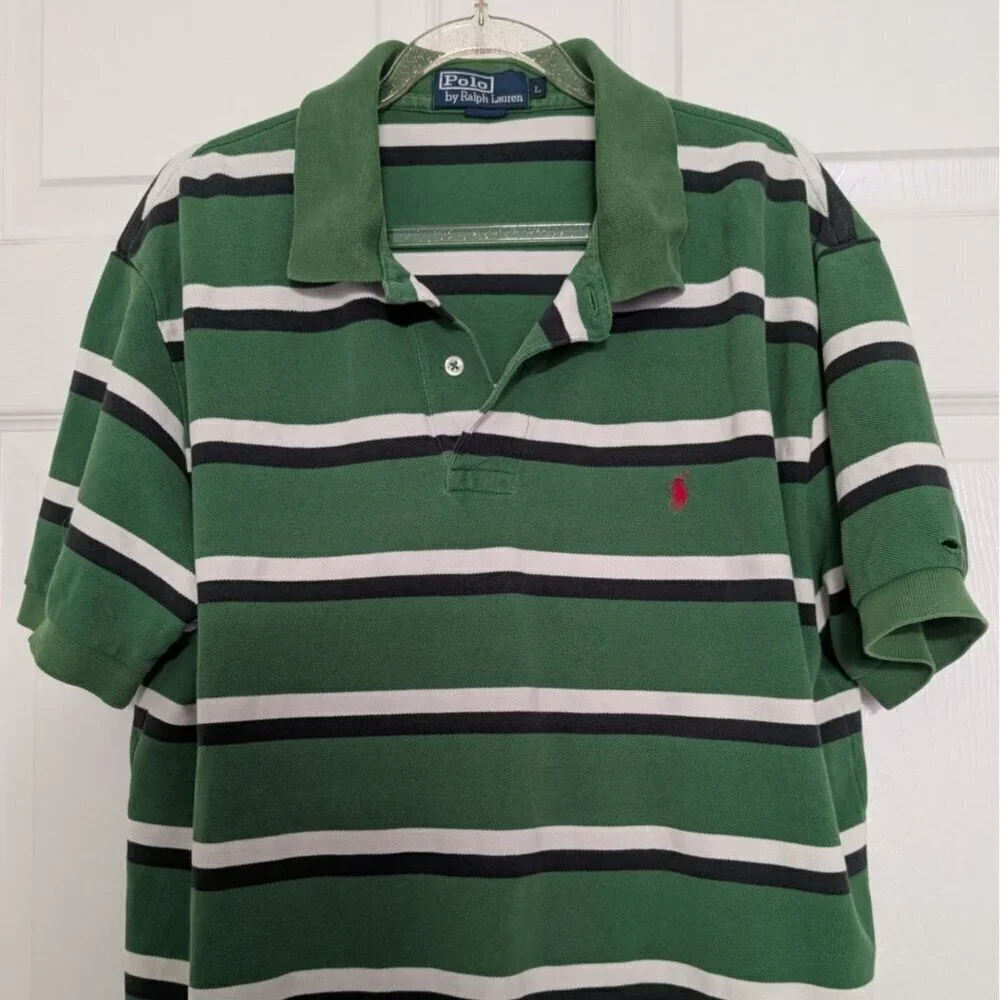 Polo Ralph Lauren Stripe Polo Shirt Mens Size Large Green Short Sleeve Cotton